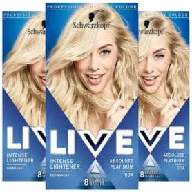 Schwarzkopf LIVE Absolute Platinum Blonde Permanent Hair Dye, Intense Lightener 00A, 2pack