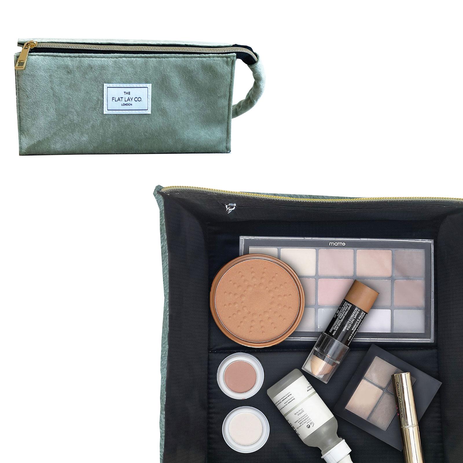 The Flat Lay Co. Open Flat Makeup Box Bag in Sage Green Velvet - Feelunique
