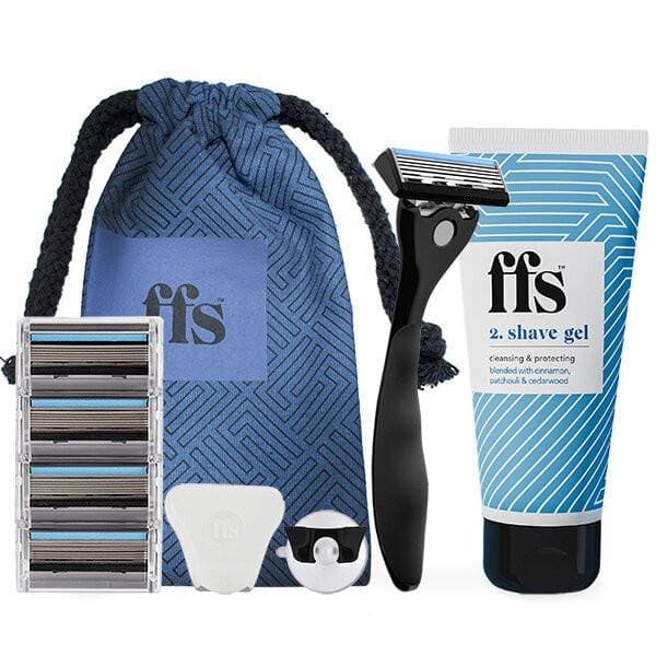 FFS Beauty Men's Razor Grooming Set - Premium Handle, 4 Blade Refills, Vegan 100ml Shave Gel
