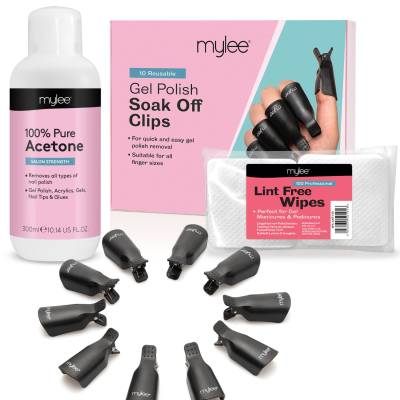 Mylee Gel Nail Polish Remover Set - Pure Acetone + Lint Free Wipes + Soak  Off Nail Clips | FEELUNIQUE