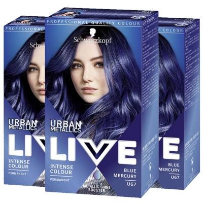 Schwarzkopf LIVE Blue Mercury Permanent Hair Dye, Urban Metallics U67, 3pack